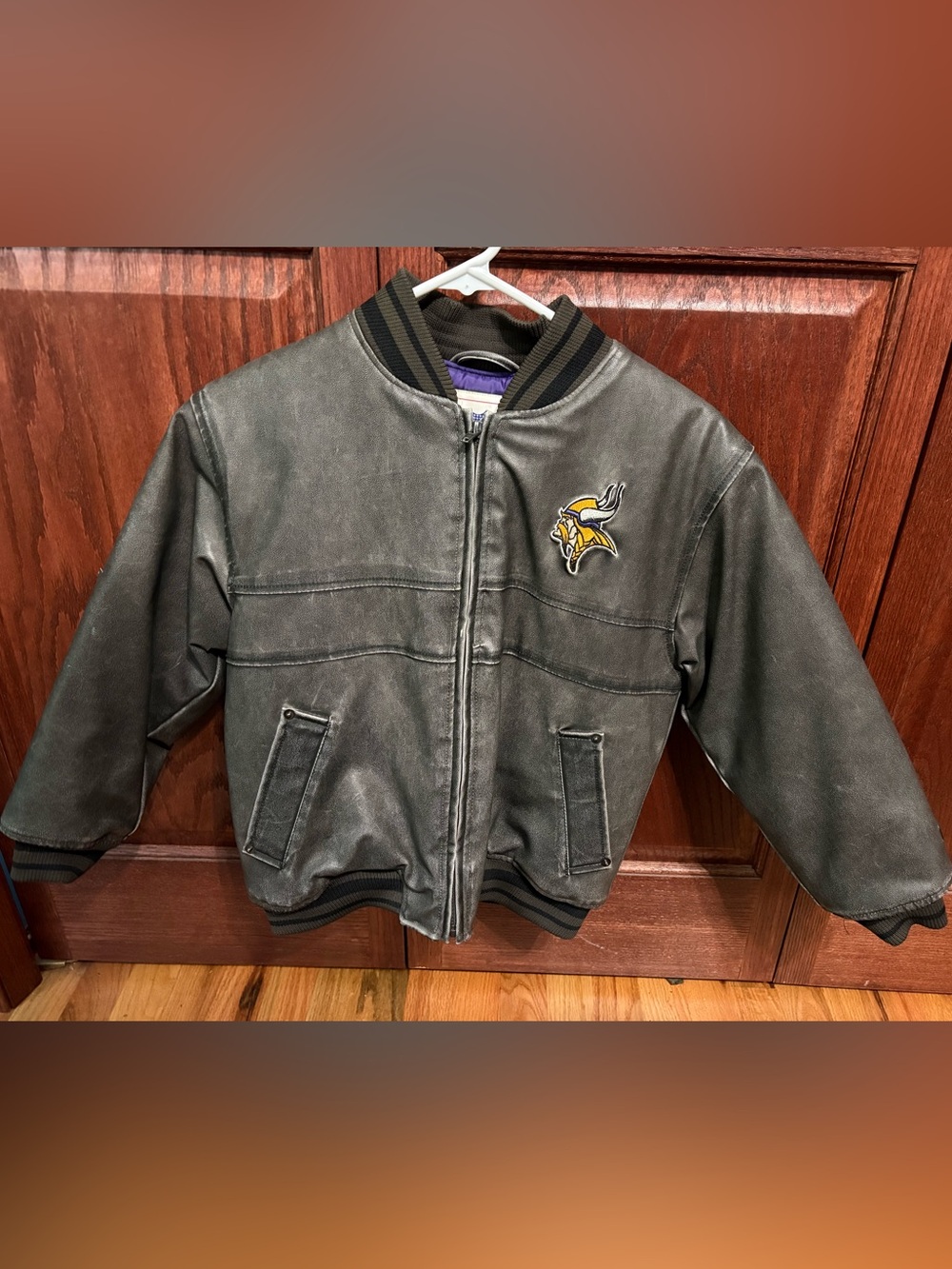 NFL Kids Black Leather-Look Bomber Jacket with Yellow Viking Patch